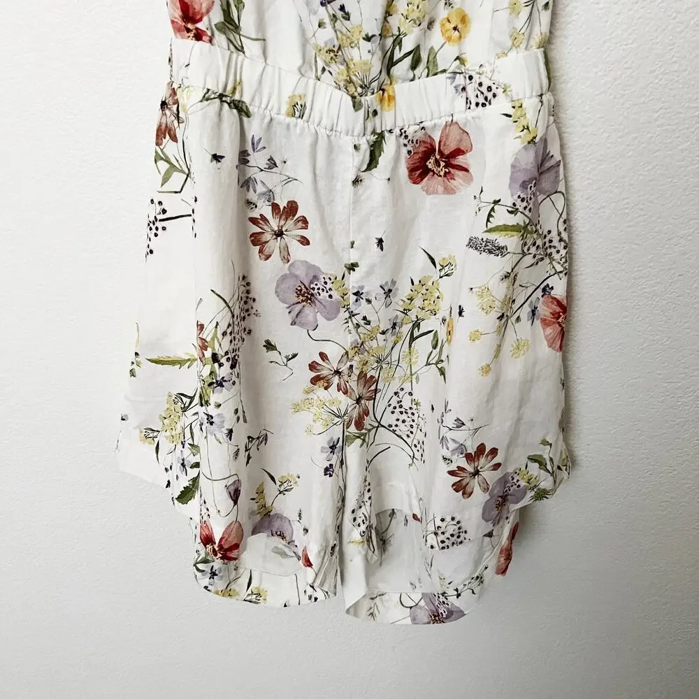 [H&M] Cream Linen Blend Cottagecore Wildflower Floral Print Strappy Romper Sz XL